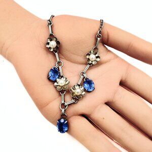 Antique Art Deco Marked WRE Sterling Silver Blue Glass Faux Pearls Necklace